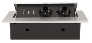 ORNO Gniazda wpuszczane w blat 2x2P+Z, 3xUSB z grubym rantem, srebrne OR-AE-1324/G