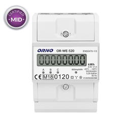 ORNO 3-fazowy wskaźnik zużycia energii elektrycznej, 80A MID, 3 moduły, DIN TH-35mm OR-WE-520